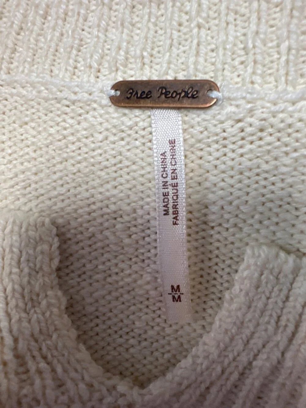 Free People Ivory Knit Pullover Sweater With Diamond Crochet Front Size M